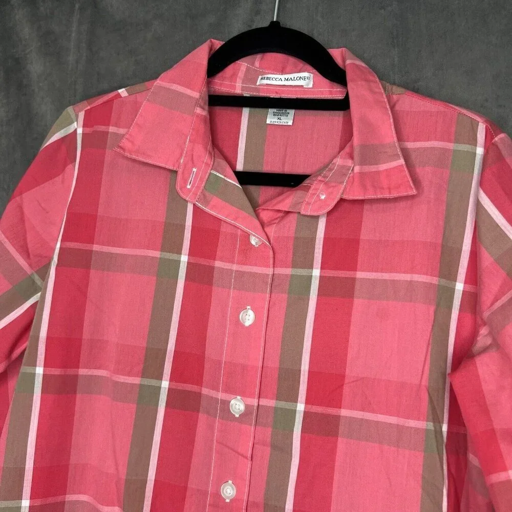 Rebecca Malone Top XL Casual Button Up 3/4 Sleeve Pink Plaid Blouse Collared - Picture 5 of 8